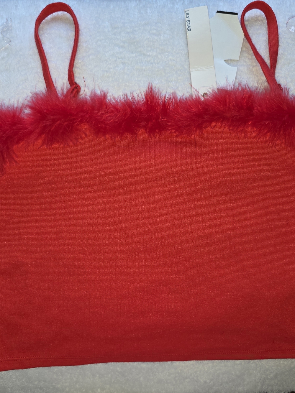 Lulu's Red Marabou Trim Spaghetti Strap Crop Camisole